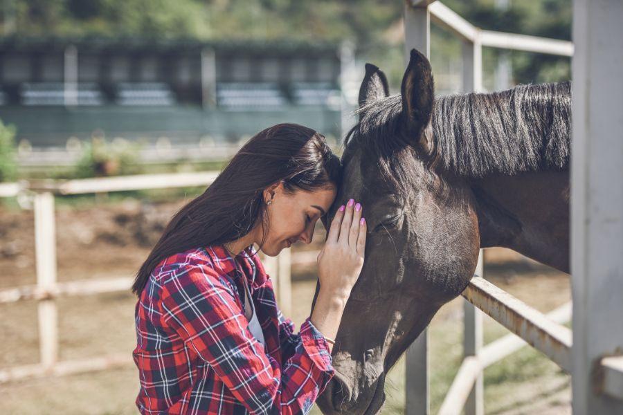 chica acerca la cabeza a la de su caballo mostrando un gesto de cariño hacia el animal